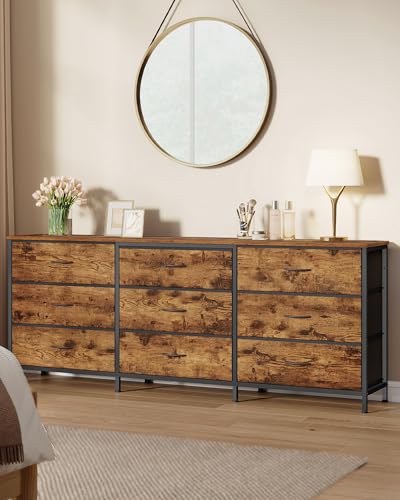 Image of SONGMICS BELLAH Collection - Dresser for Bedroom, TV Stand for TVs Up to 70 Inches, Chest of Drawers for Living Room, Closet, Steel, 9 Drawers, Industrial, Rustic Brown and Ink Black ULGS233KD02S