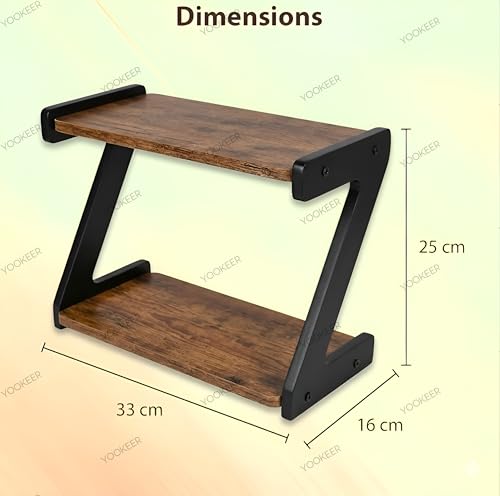 Image of Yookeer 2-Tier Spice Rack, kitchen organizer rack, Rustic Brown and Black, Z-Shape Countertop Organiser, 33x16x25 cm (RUSTIC BROWN)