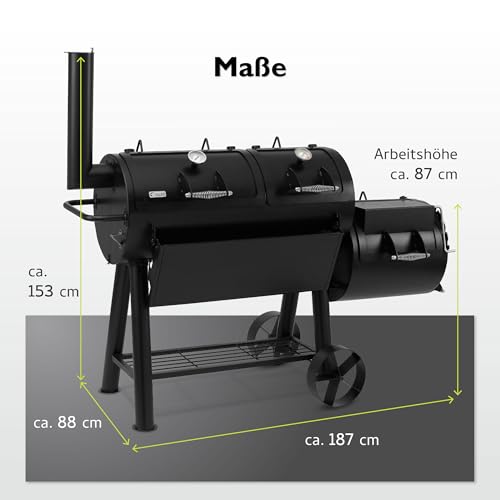 tepro Indianapolis 1146 Massiv Smoker – XXL‑Holzkohlegrill & Smoker mit ca. 97,5×44cm Hauptrost + ca. 48×43cm Seitenkammer, Thermometer, Ablagetisch & Rädern 2