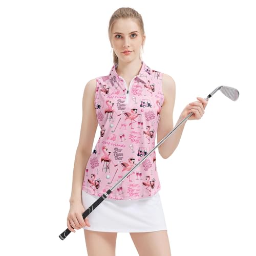 Women's Sleeveless Golf Top Flamingos Tennis Polo Shirts Zip Up Golf Workout Tank Tops Quick Dry Athletic Polo Shirts
