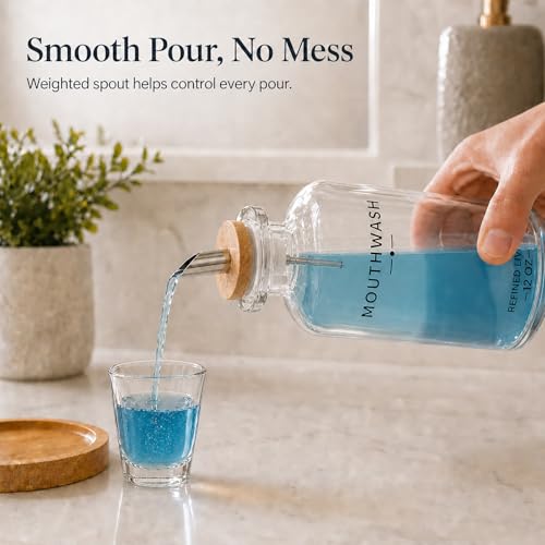 Image of Mouthwash Dispenser for Bathroom, 12 OZ Refillable Glass Mouthwash Bottle with Cup and Bamboo Tray, Decorative Mouth Wash Dispenser Set for Bathroom