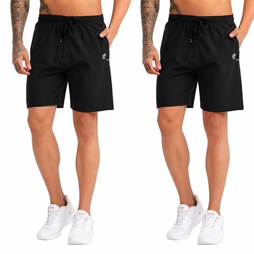 Image of BLUE STAR SHARK Athletic Sports Shorts for Men with Zip Pockets and Elastic Waistband Quick Dry Lightweight Activewear Combo - Pack of 2