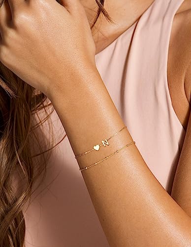DEARMAY Dainty Initial Heart Gold Bracelets for Women Trendy, 14K Real Gold Letter Charm Bracelet Jewelry Cute Simple Fashion Chain Bracelets for Women Gift4