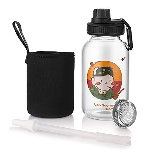 JIAQI Sports Water Bottle with Straw - 700 ml Large Glass Drinking Bottle with Filter Leak Proof Wide Mouth Space Cup Travel Mugs for Outdoor 24 OZ