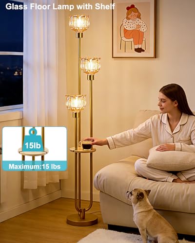 Image of Lightdot Glass Floor Lamp for Living Room 3-Lights Modern Gold Floor Lamp with Amber Glass Shade 3000K Bulbs Included Unique Tall Standing Lamp with 5Lb Heavy Base for Bedroom /Sofa Beside /Corner Decor
