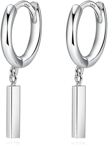 Reffeer Solid 925 Sterling Silver Bar Drop Hoop Earrings for Women Teen Girls Minimalist Bar Hoop Earrings Huggie