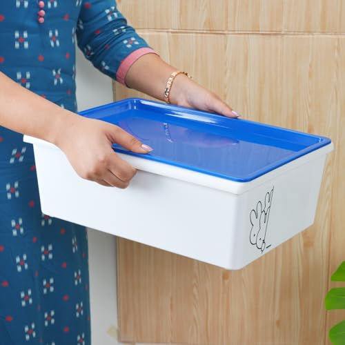 Image of Nayasa Lego Print Stack N Store Plastic Storage Boxes with Lid & Side Handle | Multipurpose Storage Stackable Box | Strong and Durable | Set of 3, 5 L & 12 L | Small + Big | Blue
