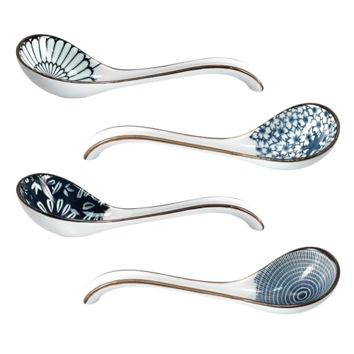Lot de 4 cuillères à soupe chinoises en céramique, cuillères à soupe à long main, vaisselle pour ramen, raviolis, riz, dessert