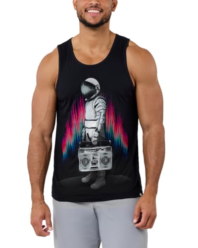 INTO THE AM Astroblaster Graphic Tank Tops for Men - Mens Summer Sleeveless Muscle Beach Fashion Men's Tanks (Black, Large)