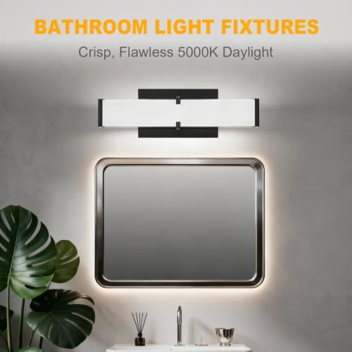 Image of Bathroom Lighting Fixtures Over Mirror: ETL Certified 24 Inch Black Modern LED Vanity Lights 5000K Cool White IP44 - Dimmable Vanity Light Bar 2500LM with Clear Shade - Bathroom Light Fixtures
