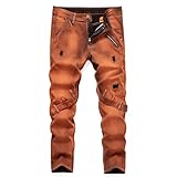 XJJUYIS Men's Jeans Biker Straight Ripped Distressed Destroyed Denim Slim Casual Pants Stretch (US, Waist Inseam, 30, 31, Orange)