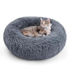 rabbitgoo Cat Bed for Indoor Cats, Soft Plush Donut Cuddler Cushion Fluffy Round Bed, Self Warming Calming for Small Dogs Kittens, Non-Slip, Machine Washable, Dark Grey, 20 inches