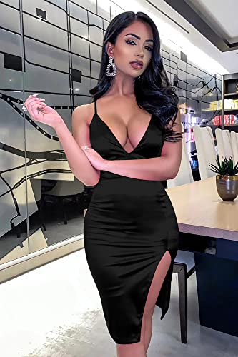 Zhuofei Party Dress Strapless Sleeveless Tight Mini Evening Gown V-Neck Sexy Knee Slit Dress Night Out Club Evening Dress (Black, Large) #TOP4