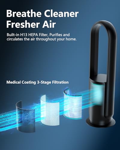 Image of U ULTTY Bladeless Tower Fan and Air Purifier in one, Quiet Tower Fan with Remote, Touch, 9 Speeds, 8H Timer, HEPA Filter 99.97%, 90 Oscillation Fans, Floor Fans Powerful for Home Office Room, Black