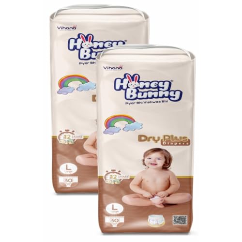 Image of Honey Bunny Baby Diaper Pants | Dry Plus Protection with 360 Soft Elastic Waistband | Upto 12 Hours Protection | Bubble Sheet Technology for Advanced Absorption | Large (9 to 14 kg), 60 Pants