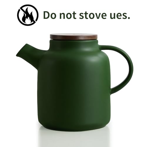Image of Yundu 1500ml / 50 oz Ceramic Teapot with Infuser & Wood Lid - Matte Green, Loose Leaf Tea Pot with Removable Strainer, Large Capacity