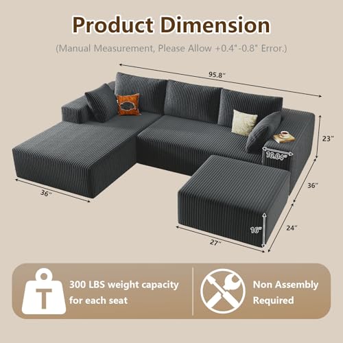 Image of 96 inch U-Shape Cloud Couch, Modern Modular Sectional L-Shape Sofa with Ottoman, Corduroy Upholstered Couches Deep Seat Chaise Longue for Living Room, No Assembly Required(Dark Gray, Left Facing)