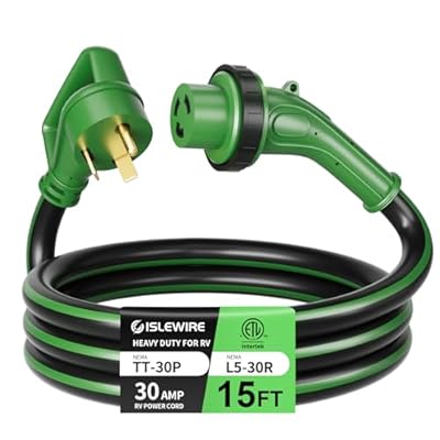 ISLEWIRE 30 Amp 15 Feet RV Power Cord, Heavy Duty 10 Gauge STW Cord with LED Power Indicator Twist Connector, NEMA TT-30P to L5-30R with Cord Organizer for RV Trailer Campers, Black&Green, ETL Listed