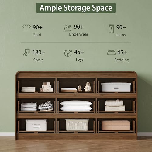 Image of 9 Drawer Dresser for Bedroom,59 inch Wide Fluted Dresser with Curved Edge and Ergonomic Handleless, Large Wooden Clothes Storage Organizer, Modern Chest of Drawers for Closet, Living Room,Walnut