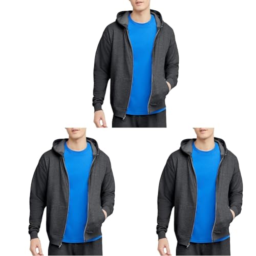 Image of Hanes Mens Hoodie, Ecosmart Fleece Full-zip Zip-up For Hooded Sweatshirt, Charcoal Heather, X-Large US (Pack of 3)