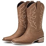 Bybmorto Brown Cowboy Boots for Women Square Toe - Mid...