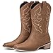 Bybmorto Brown Cowboy Boots for Women Square Toe - Mid Calf Western Cowgirl Boots with Embroidery, Pull On Low Chunky Heel Fashion Footwear for Daily Casual Party Country Concert, Size US 7