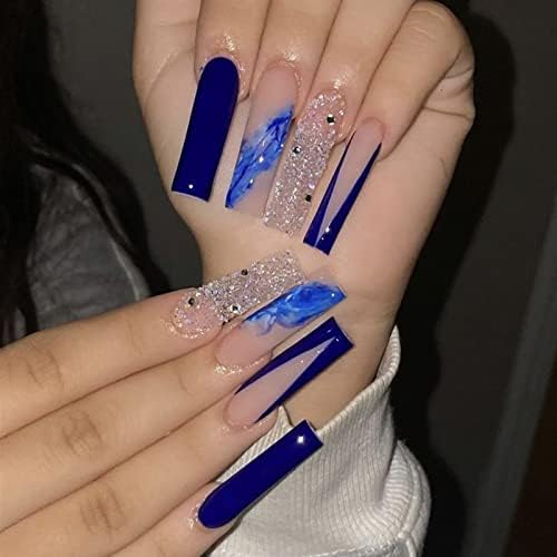 QINGGE Long Press on Nails Coffin Shaped Fake Nails Blue Stick on Acrylic Nails Sequins Glossy False Nails with Design for Women