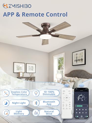 Image of ZMISHIBO 42 Inch Ceiling Fan with Light, App&Remote Control, Flush Mount Low Profile, Dimmable 20W LED Light, Quiet Reversible Motor for Bedroom, Living Room, Apartment, Brown