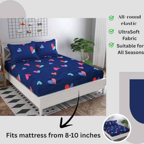 Image of 400TC Cotton Feel Double Bed Elastic Fitted Bedsheet King Size Set || Includes 1 Elastic Bedsheet for King Size Bed with 2 Pillow Covers (72 inch x 78 inch inches)