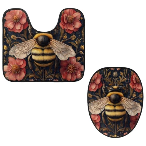 MUOOUM Toilet Lid Cover and U-Shaped Toilet Floor Mat Set of 2 Pieces, Vintage Bee Flowers Toilet Mat Set, Machine Washable Seat Covers Non-Slip Absorbent Rugs