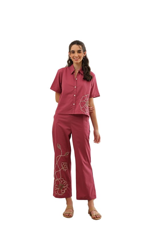 Women's Pink Embroidered Cotton Co-ord Set-image-25