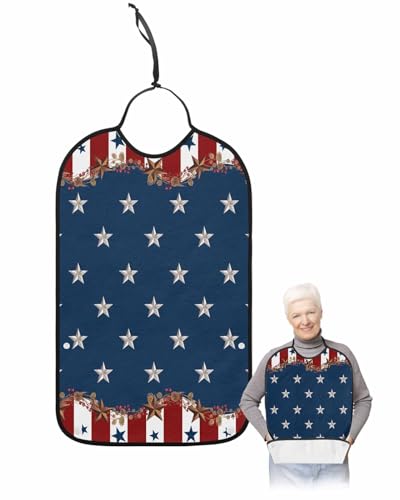 LEOKOTI Blue Red 4th of July Adult Bibs for Eating, Waterproof Bibs with Food Catcher & Adjustable Snap Closure, Independence Day Star Country Washable Clothing Protectors Adult Bibs for Elderly