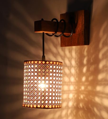 Image of AKWAY Rattan wall Lamps for Living Room | Bamboo wall Lights for Bedroom | Cane wall scones for Home Decoration (Bulb Not Included) (Rattan Eye Webbing Hang)