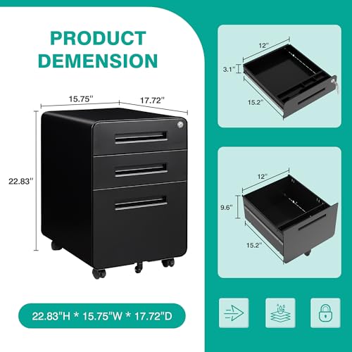 Image of SISESOL 3 Drawer File Cabinet with Lock,Rolling File Cabinets,Under Desk File Cabinet,Three Drawer Filing Cabinet for Home Office with Wheels,Fit A4 /Letter /Legal File,Fully Assembled Except Casters