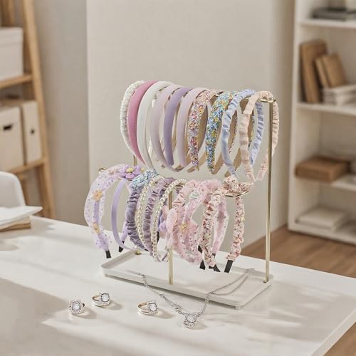 Image of Headband Holder Organizer Metal 2-Tier with Tray, Necklace Storage Hairband Rack Hair Accessories Display Stand Stand Home Bedroom College Dorm Decor for Girls Women (Gold)