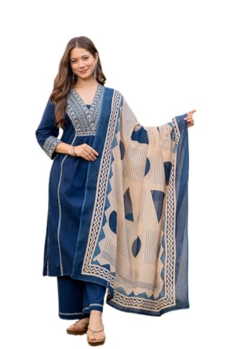 Image of MEERA FAB Women Floral Printed Pure Cotton Straignt V-Neck Kurta with Trousers & Dupatta