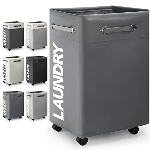 Rieeyrslza Faltbare Wäschekörbe mit Rad 74L Großen Faltbarer Wäschekorb Rechteckiger wasserdichter Wäschebehälter Faltbare Wäschekörbe mit Rad Praktischer Wäschesammler (Dunkelgrau o2) Cover