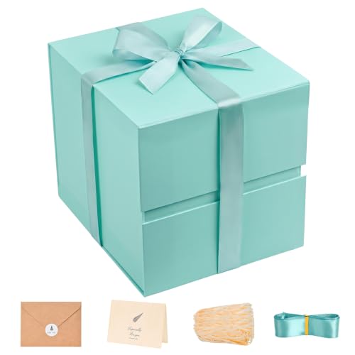 Image of LIFELUM Green Blue Square Gift Box for Presents with Magnetic Lid 8.6 x 8.6 x 8.6 inch, 1 Pack Gift Box Contains Card, Ribbon, Shredded Paper Filler for Wedding, Birthday, Bridal Gifts