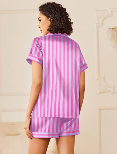 Image of Ekouaer Womens Silk Satin Pajamas Sets 2 Piece Short Sleeve Sleepwear Button Down Top and Shorts Pjs Lounge Wear Sets