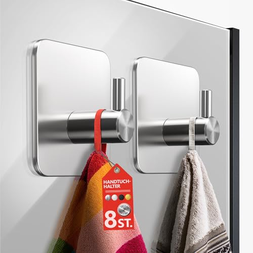 4smile Ganchos para toallas sin taladrar, juego de 8 toalleros sin taladrar, acero inoxidable, ganchos resistentes, ganchos adhesivos resistentes al agua, ganchos autoadhesivos, ganchos para toallas