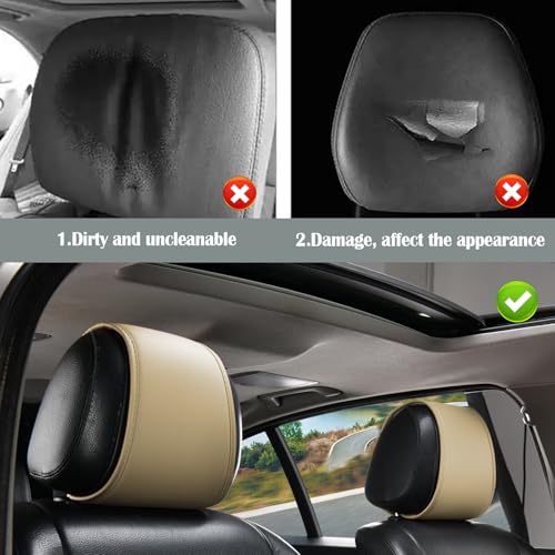 2PCS Leather Headrest Covers for Cars with Pocket of Back Seat Car Organizer,Multi-Functional Car Headrest Cover for Phone,Key,Coin in Car Storage,Universal Head Rest Cover Car Decoration (Beige)