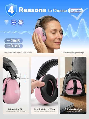 Image of Dr.meter Noise Reduction Ear Muffs, Ear Protection Noise Cancelling Headphones for Adults, Kids Autism Sensory, 31dB Hearing Protection Earmuffs for Shooting Gun Range, Mowing, Fireworks, Pink