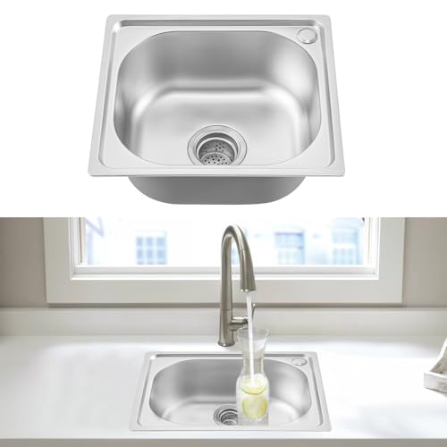 CROWNSHOP Kitchen Sink 420 * 370 * 190MM Stainless Steel Undermount Sink Square Inset Single Bowl with Drainer Waste for Kitchen Utility Room Bar