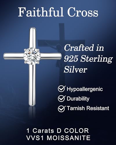 Cross Necklace for Women, 1 Carat Moissanite Cross Pendant, 925 Sterling Silver Plated Cross Faith Pendant Necklaces Religious Anniversary Birthday Christmas Jewelry Gifts for Women Her Wife3