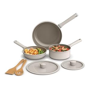 bella 7 Piece Cookware Set with EverGood™ Ceramic Nonstick Coating​, Dishwasher Safe Oven Safe, All Stovetops Compatible, Glass Lids with Silicone Rims, Cool Touch Handles, Oatmilk