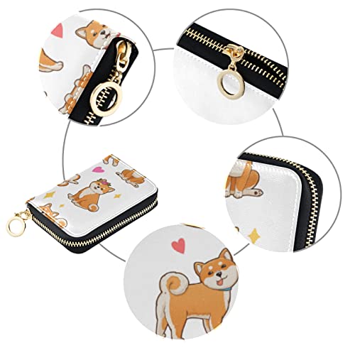 Funny Orange Shiba Inu Dogs in Different Poses on White Grey Credit Card Coin wallet, RFID Blocking Compact Women Leather Card Holder, Key Change Organizer, Zipper Purse Clutch Pouch3