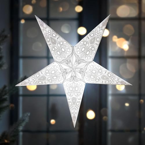 GalaxyArts Paper Star Lantern, 24 Inch Maharani White 3D 5-Point Light-Up Hanging Lamp, Handcrafted Hollow Decoration for Christmas, Weddings, Holidays, Birthday, Indoor Outdoor Party Home Décor