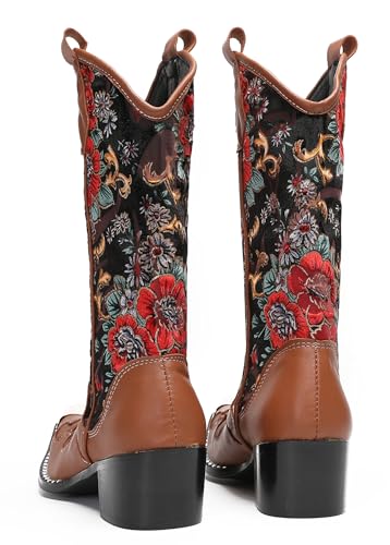 Santimon Men's Western Cowboy Boots | Genuine Leather Wingtip Motorcycle Boots with Embroidery | Pull-On High-Top Dress Boots for Tuxedo/Ballroom/Casual | Vintage Dress Hybrid Style4