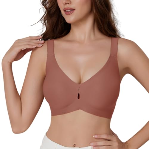 Chickwin Sujetadores Tallas Grandes Mujer Sin Aros, Sujetador Cómodo Suave Sin Costuras con Tirantes Ajustables Cuello en V S-3XL con Soporte Fuerte, Cobertura Completa (Rojo óxido G,S)