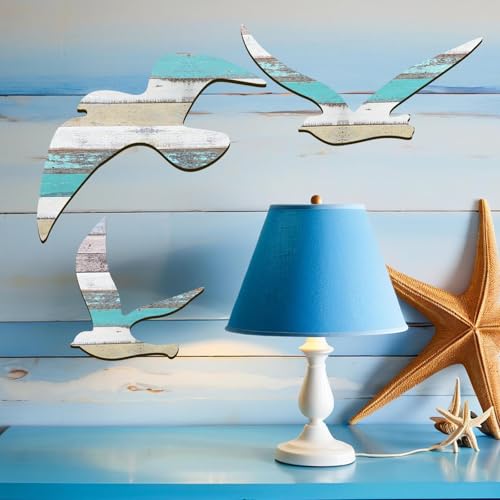 HINGTAI 3Pcs Wood Seagull Beach Wall Decor, Wall Art Beach Decorations Nautical Self-adhesive Seagull Decorations Coastal Themed Decors, Beach Seagull Ocean Decorations for Home Bedroom Living Room - Image 4